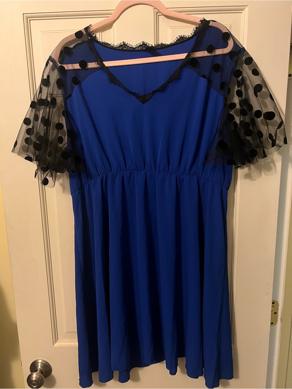 SHEIN Royal Blue V-Neck Midi Dress with Black Polka Dot Mesh Sleeves SHEIN, 2XL